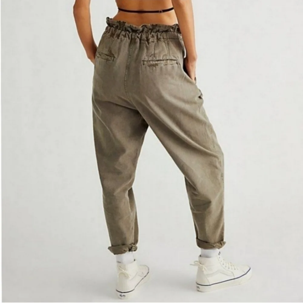 Free People Margate Olive Green High Rise Paperbag Pleated Trouser Pants